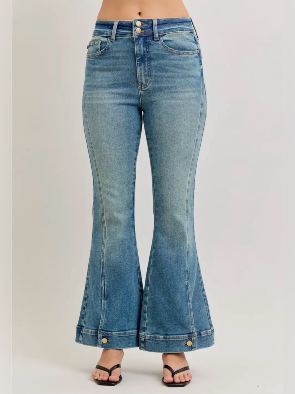 NWT Judy Blue High Rise Vintage Flare Jeans Button Hem Double Button Waist